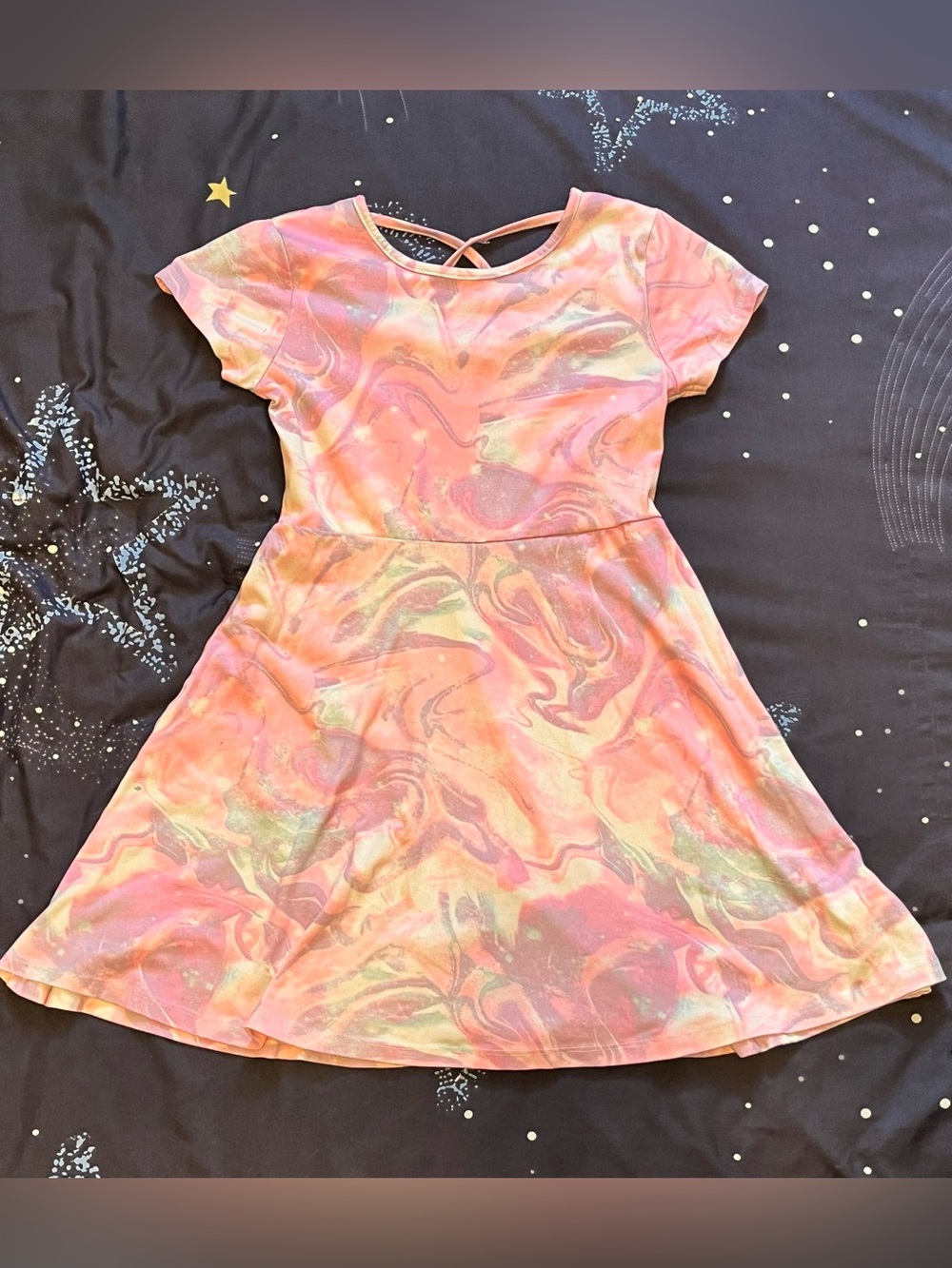 Girls Sz 10 Limited Too Pink Marble-Print Short Sleeve Fit-and-Flare Dress